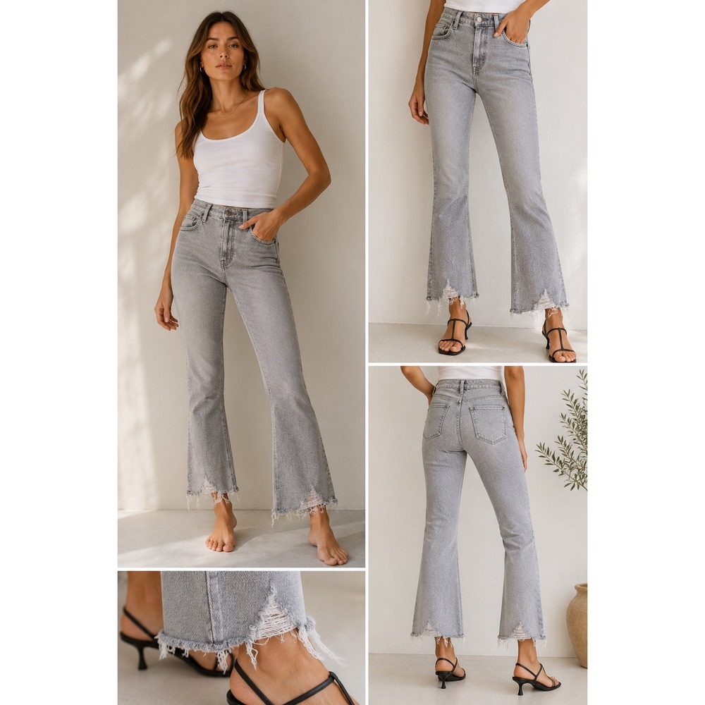 Current Elliott Gray Distressed‎ Crop Flare Jeans Raw Hem Made USA